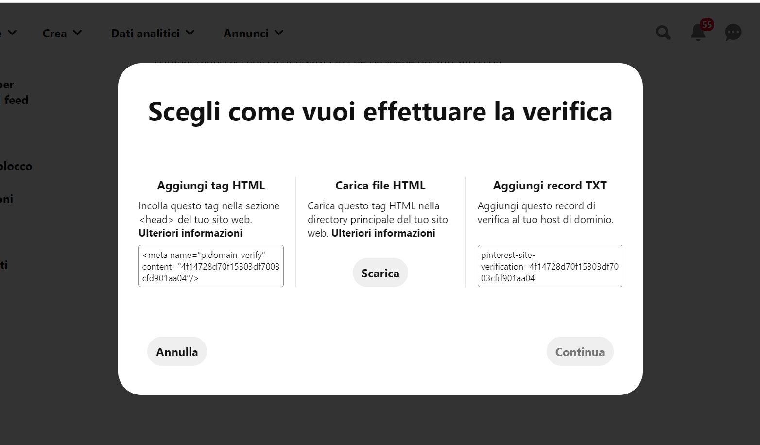 Verificare e-commerce su con Pinterest